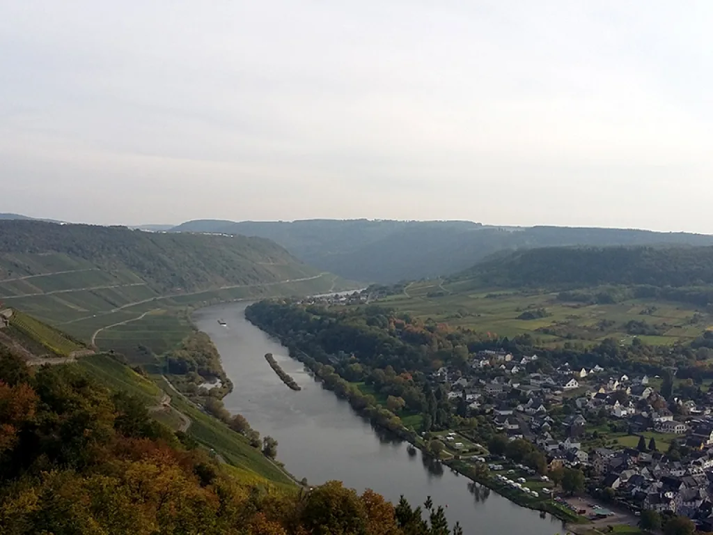 Weiter Blick über das Moseltal im Morgendunst.